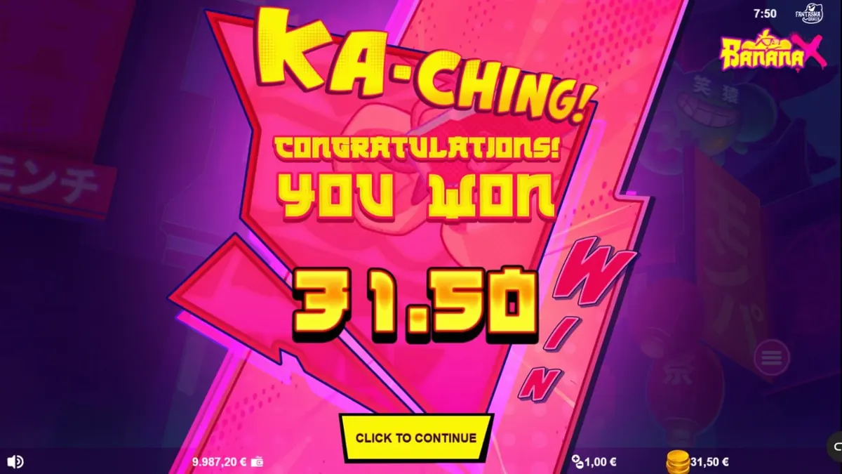 Tampilan visual slot Banana X dengan tema neon dan influencer pisang