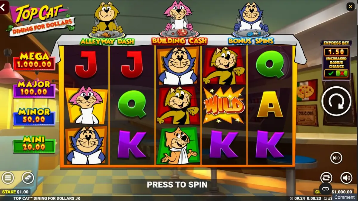 Top Cat Dining For Dollars slot game interface