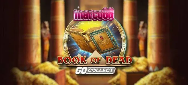 Pemandangan kuil kuno dengan elemen emas dalam slot Book of Dead GO Collect